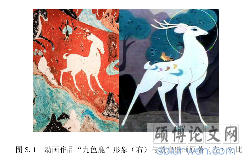 图 3.1 动画作品“九色鹿”形象（右）与敦煌壁画原著（左）对比