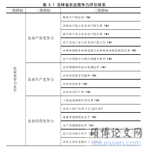 表 5.1 吉林省农业竞争力评价体系