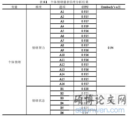 表 5.1 个体情绪量表信度分析结果