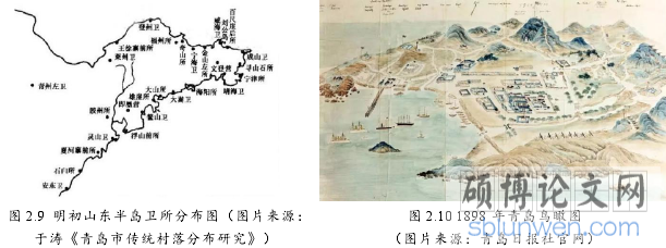 图 2.9 明初山东半岛卫所分布图（图片来源：于涛《青岛市传统村落分布研究》）