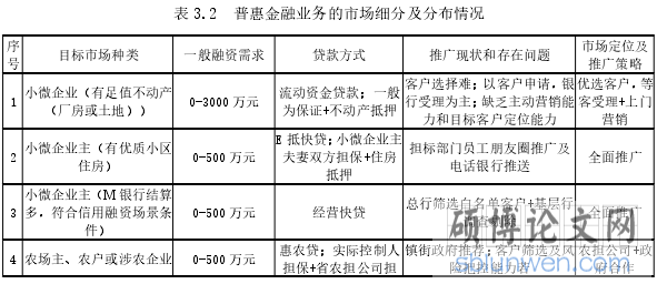 表 3.2 普惠金融业务的市场细分及分布情况