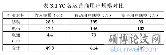 表 3.1 YC 各运营商用户规模对比