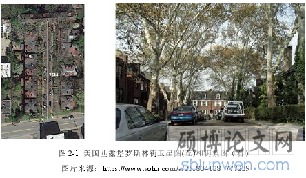 图 2-1 美国匹兹堡罗斯林街卫星图(左)和街景图（右）