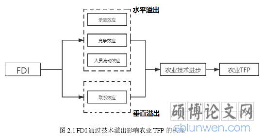 图 2.1 FDI 通过技术溢出影响农业 TFP 的机理