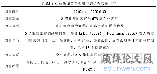 表 3.1 S 药业集团营销战略问题调查实施安排