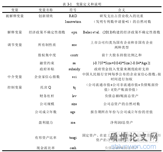 表 3-1 变量定义和说明