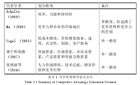 表 3.1 竞争优势维度划分总结
