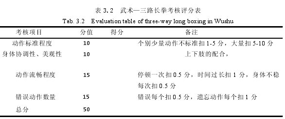 表 3.2 武术—三路长拳考核评分表