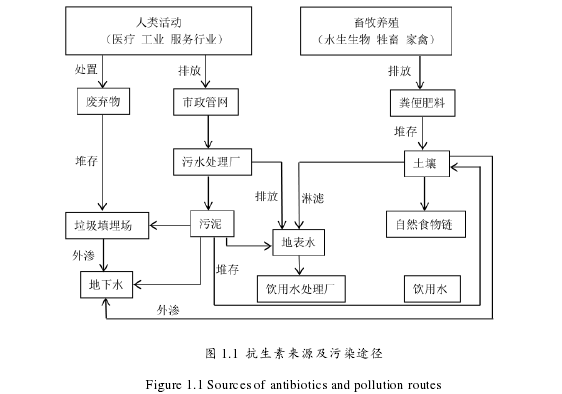 图 1.1  抗生素来源及污染途径 